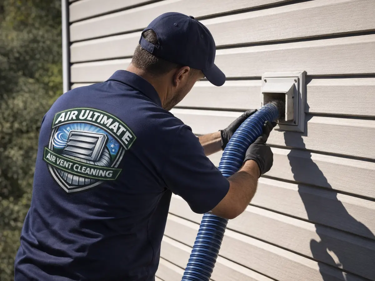 dryer vent cleaning technician on the job in Cardiff, CA